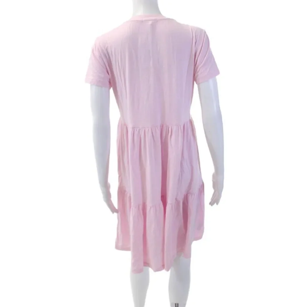 Sundry Womens Cotton Short Sleeve Casual Tiered Knee Length Dress Pink Size S
